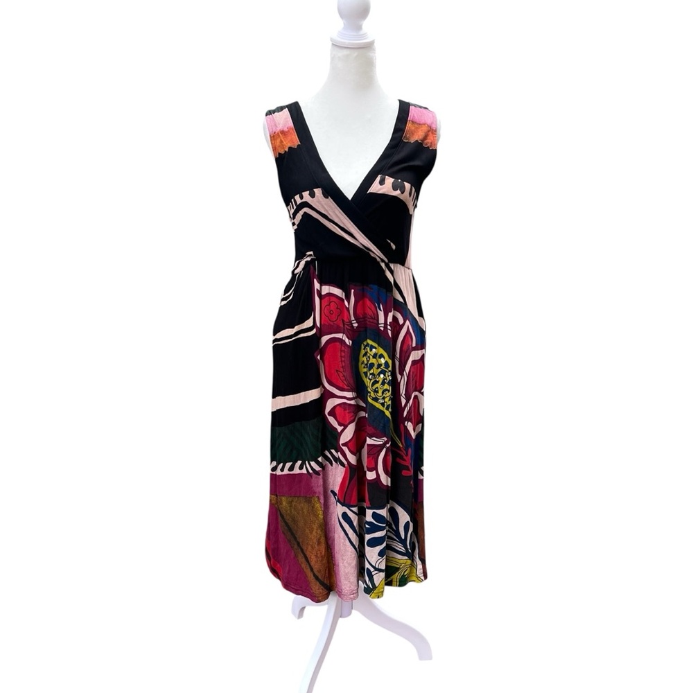 Sleeveless Black Floral Wrap Midi Dress